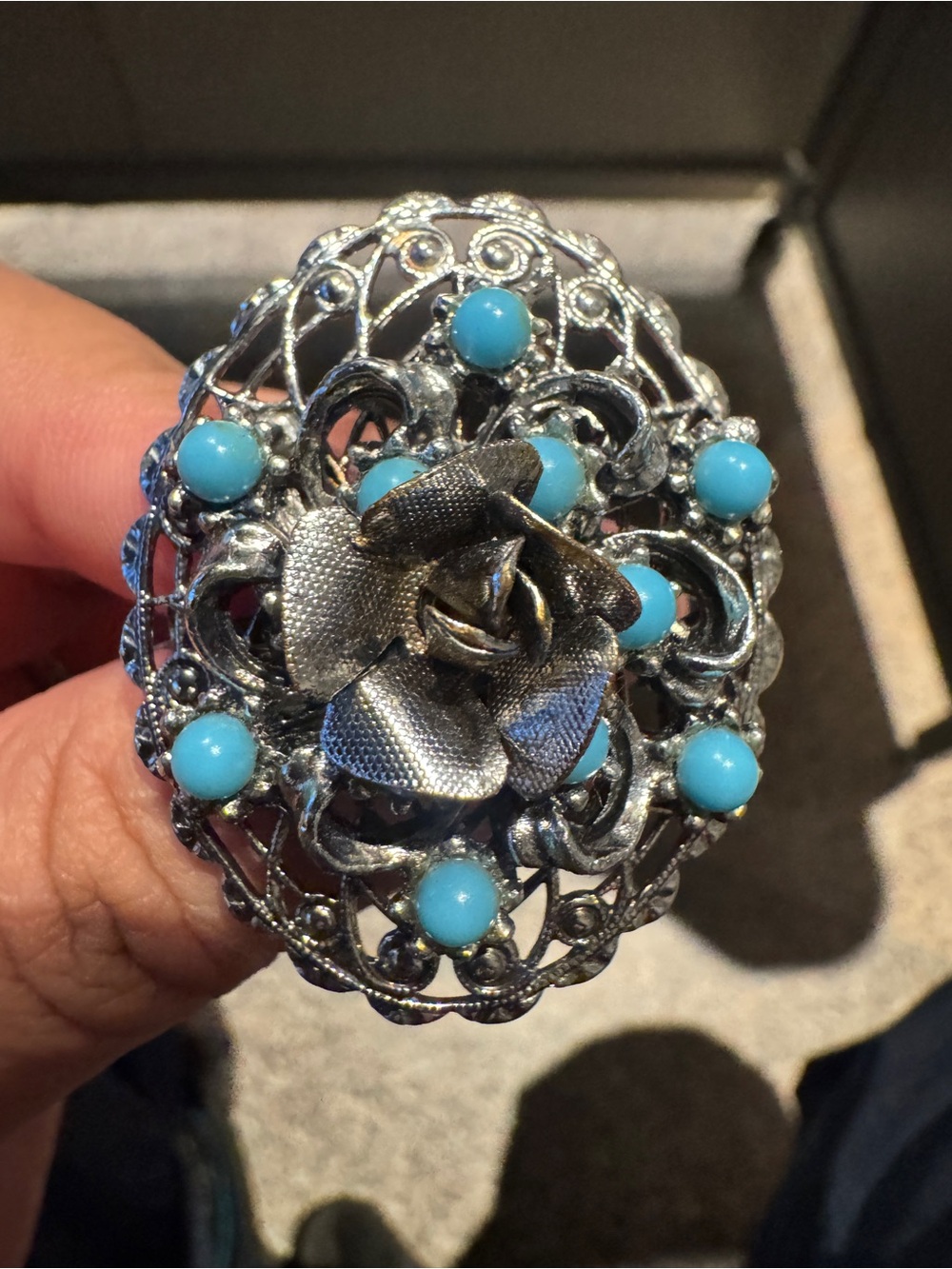 Vintage Silver Floral Ring with Turquoise Beads